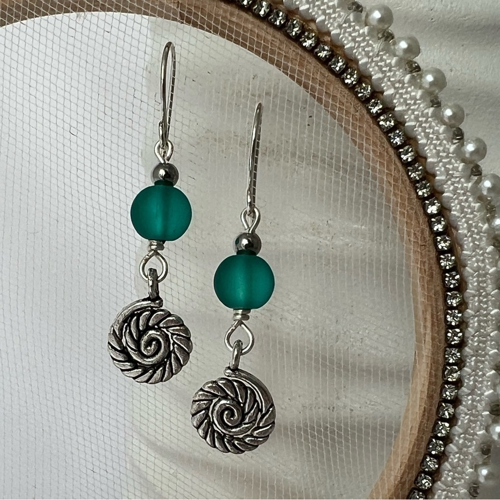 Artisan Sea Blue Green Frosted Beaded Earrings with Nautilus Charms